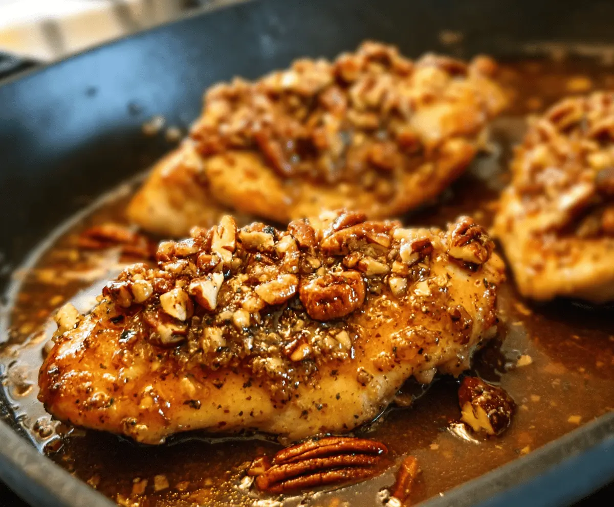 Delicious Honey Garlic Pecan Chicken served on a plate with fresh herbs, showcasing a crispy, glazed chicken breast topped with crunchy pecans and drizzled with honey garlic sauce.