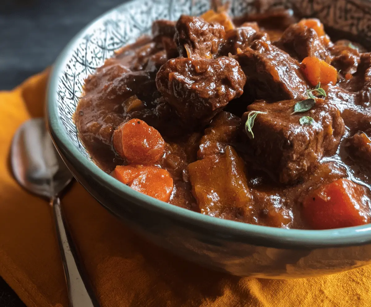 Delicious Instant Pot Chocolate Stout Beef Stew in a bowl with tender beef, vegetables, and rich chocolate stout gravy