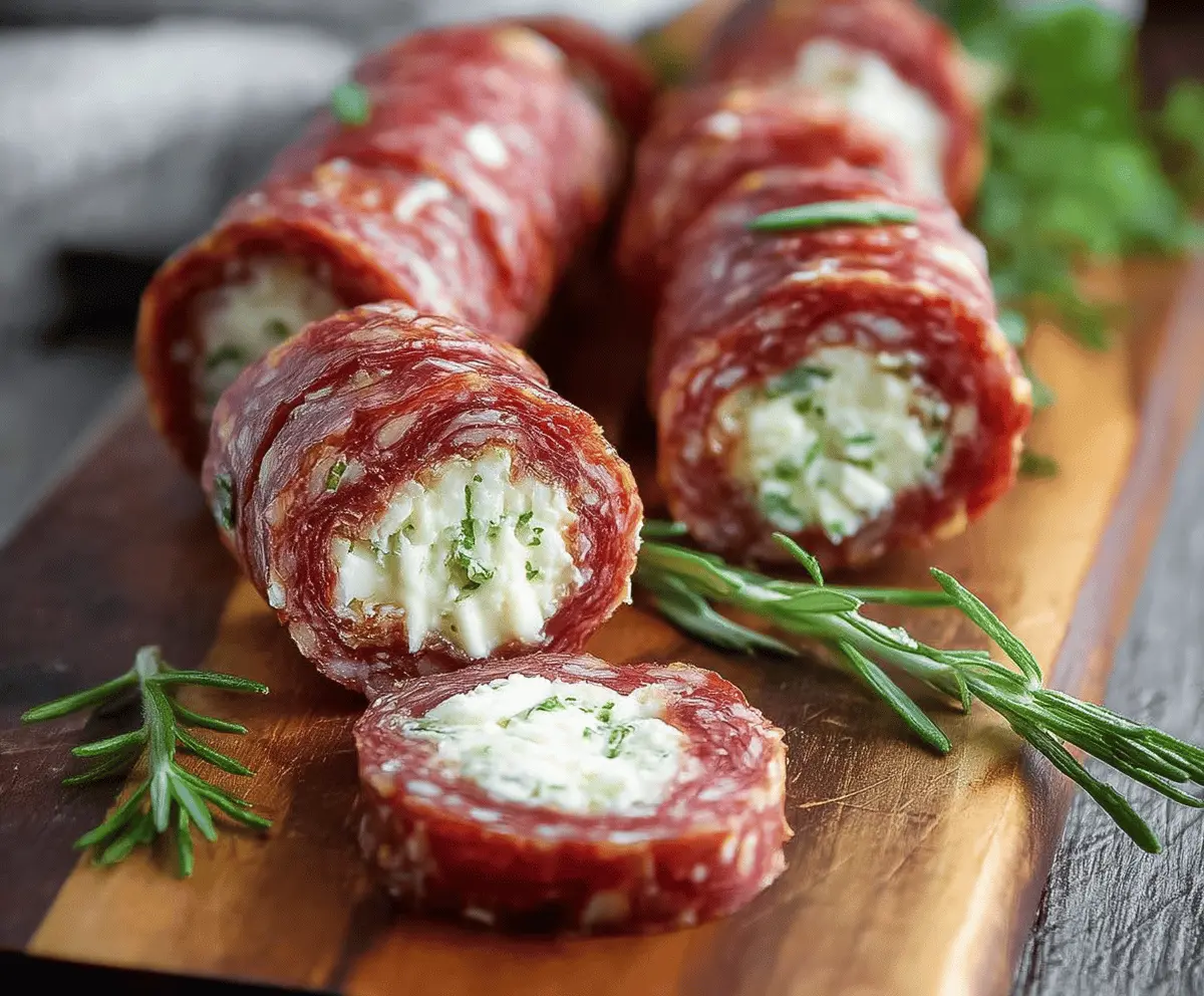 Keto salami roll-ups filled with cream cheese and herbs, perfect for low-carb snacking and appetizer recipes