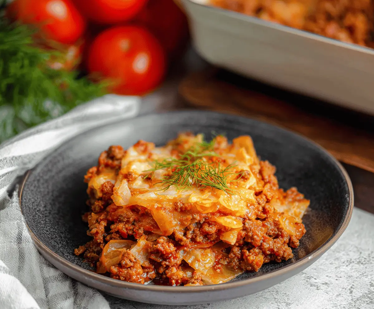 Delicious Lazy Cabbage Roll Casserole with ground beef in a baking dish, topped with melted cheese and fresh herbs, ready to serve.