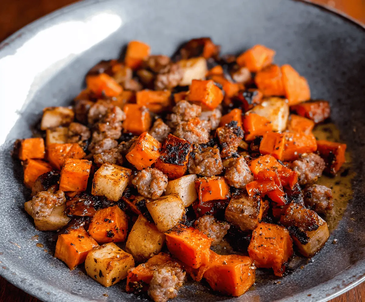 Savory Maple Sausage Sweet Potato Hash topped with fresh herbs in a bowl, featuring crispy sausage pieces, roasted sweet potatoes, and a drizzle of maple syrup