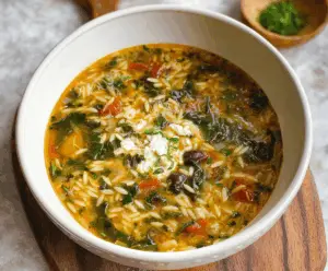 A steaming bowl of Mediterranean Orzo Soup with vegetables, herbs, and lemon wedges, served in a white bowl on a rustic wooden table.