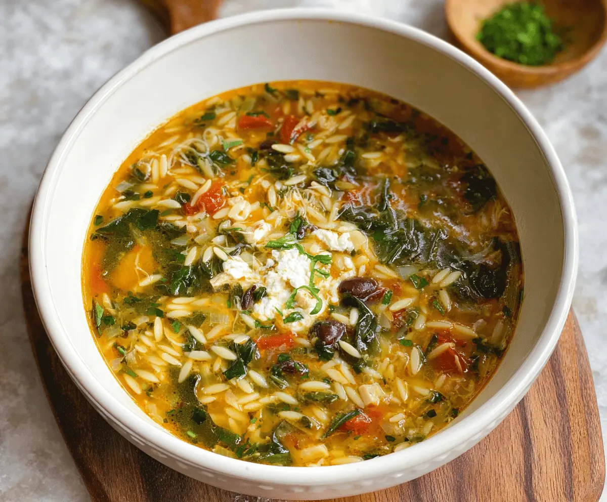 A steaming bowl of Mediterranean Orzo Soup with vegetables, herbs, and lemon wedges, served in a white bowl on a rustic wooden table.