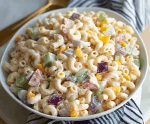 Colorful Mexican Macaroni Salad with fresh vegetables and herbs, perfect for summer gatherings.