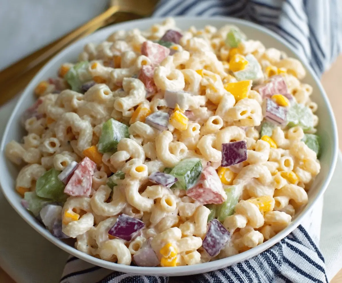 Colorful Mexican Macaroni Salad with fresh vegetables and herbs, perfect for summer gatherings.