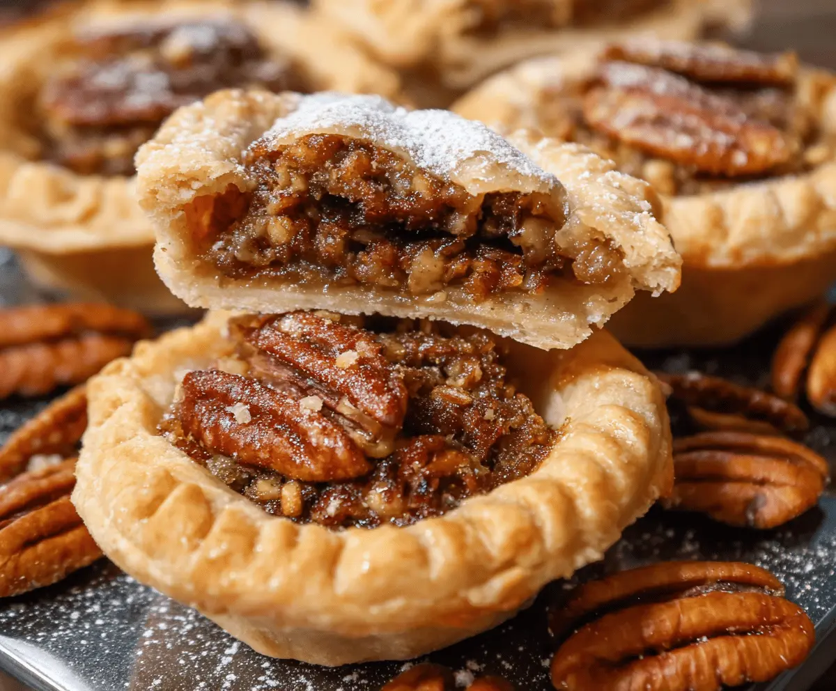 Delicious mini pecan pies with golden crust and glossy pecan filling, perfect for holiday desserts and gatherings.
