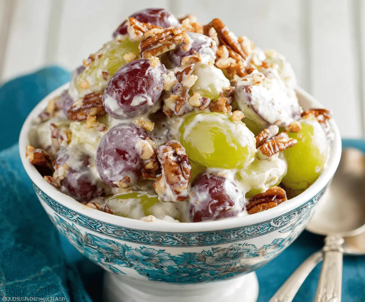 Delicious Pecan Crunch Grape Salad topped with crunchy pecans and fresh grapes, perfect for summer desserts and gatherings.