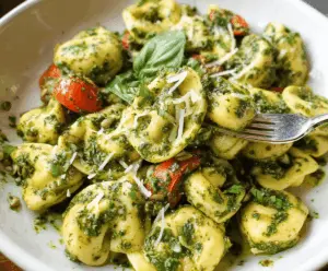 Delicious pesto tortellini pasta dish garnished with fresh basil on a white plate.