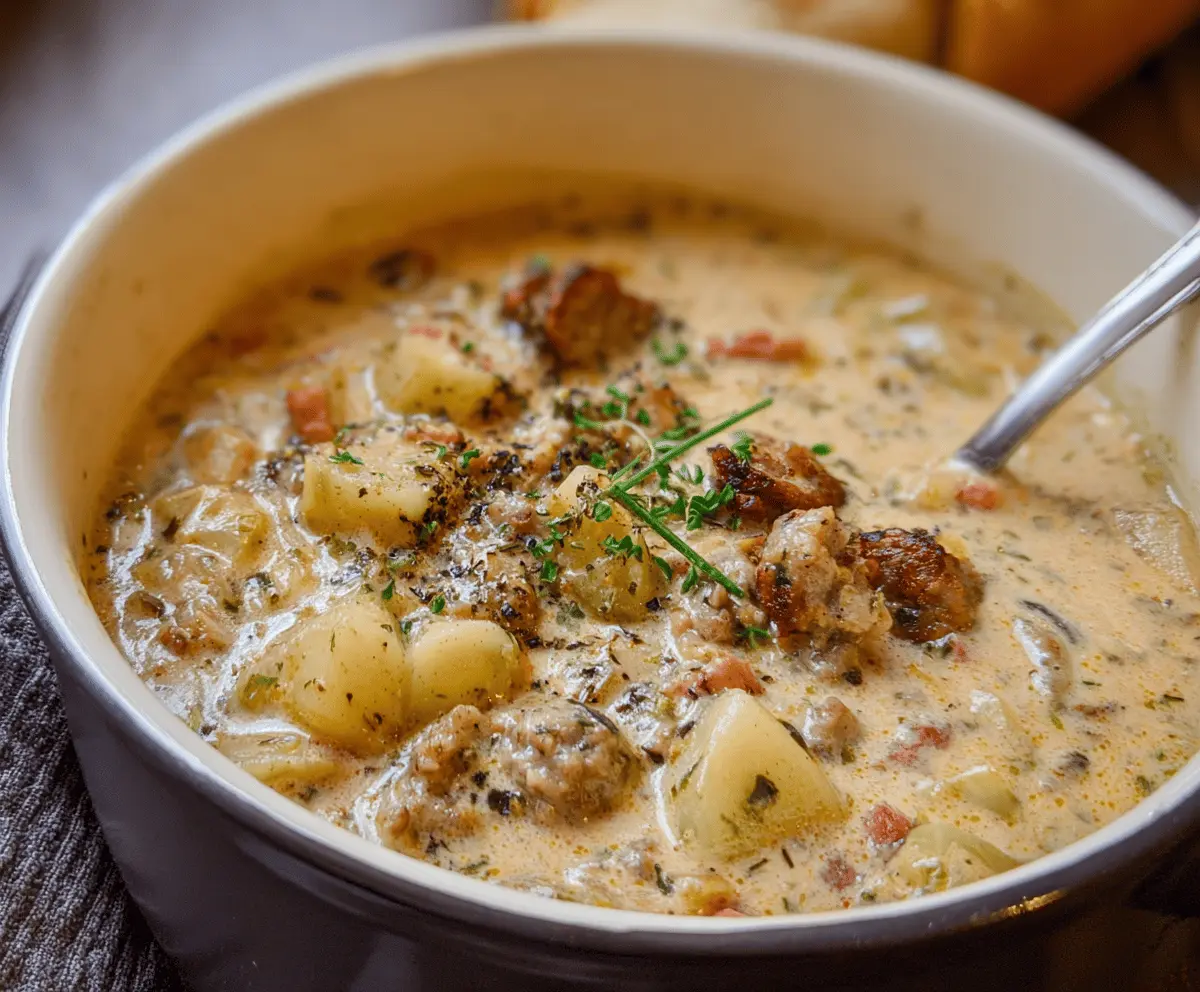 Creamy potato and sausage chowder garnished with fresh herbs in a bowl, perfect for a hearty and comforting meal.