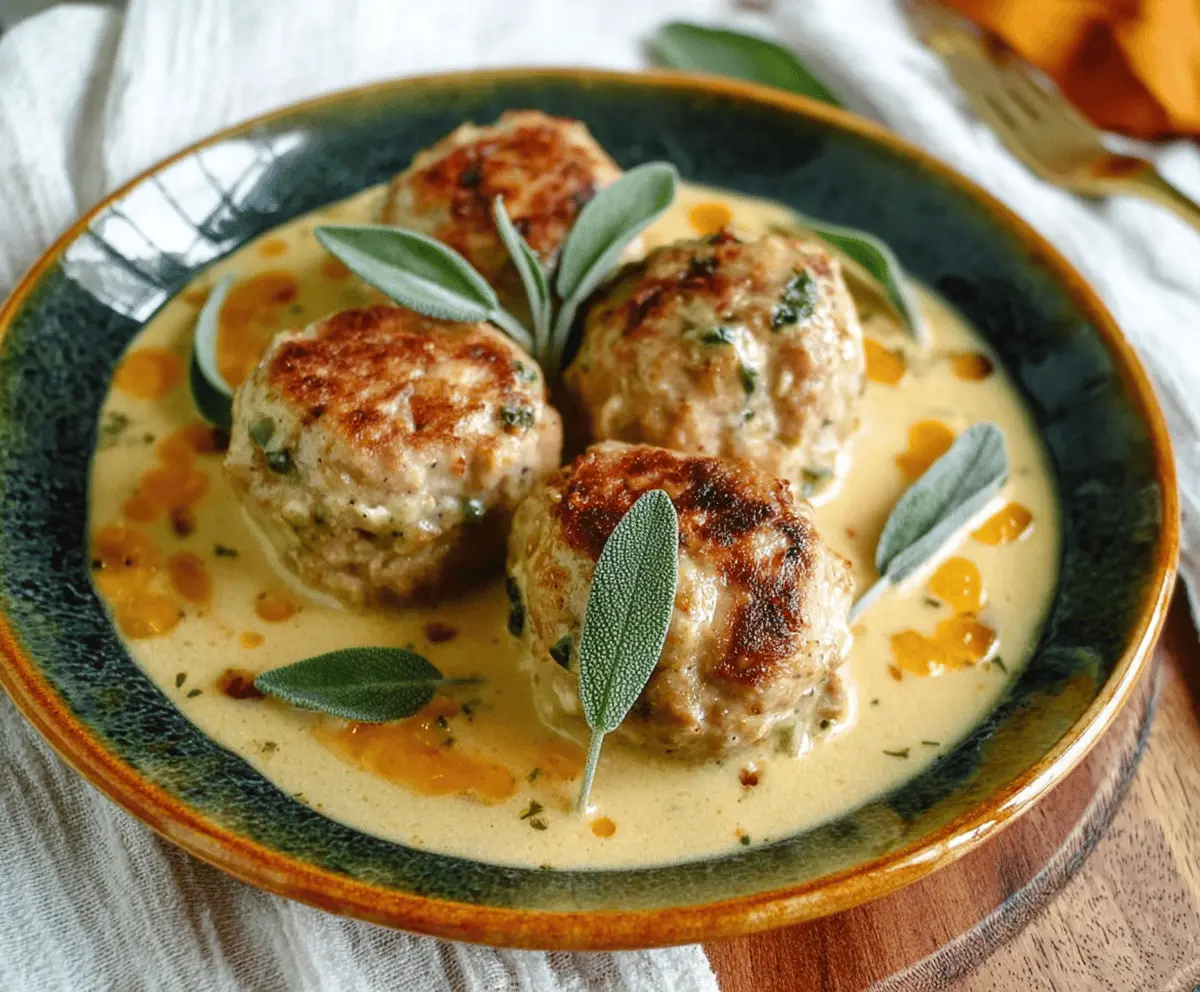 Delicious pumpkin chicken meatballs served with sage cream sauce, perfect for fall, on a rustic plate with autumn leaves in the background.