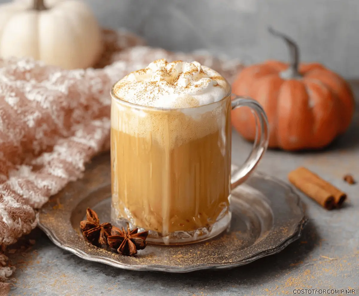 Creamy pumpkin spice milk in a glass garnished with a cinnamon stick and whipped cream, perfect for fall.