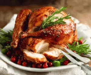 Juicy roasted turkey with golden crispy skin, served with fresh herbs and seasonal vegetables, perfect for holiday feasts