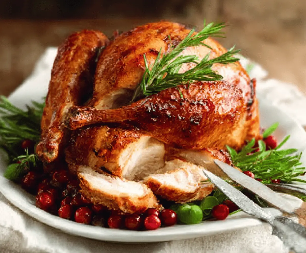 Juicy roasted turkey with golden crispy skin, served with fresh herbs and seasonal vegetables, perfect for holiday feasts