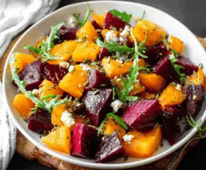 Colorful roasted beets and butternut squash slices on a baking sheet, perfect for a healthy, flavorful side dish or salad.