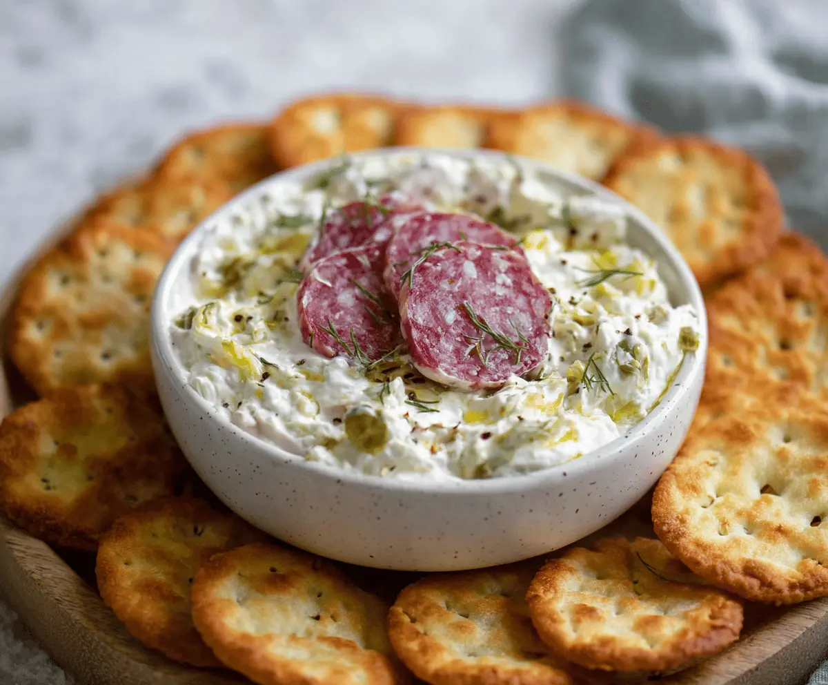 Creamy Salami Pickle Dip in a bowl with chopped pickles and salami slices, perfect for snacking and parties