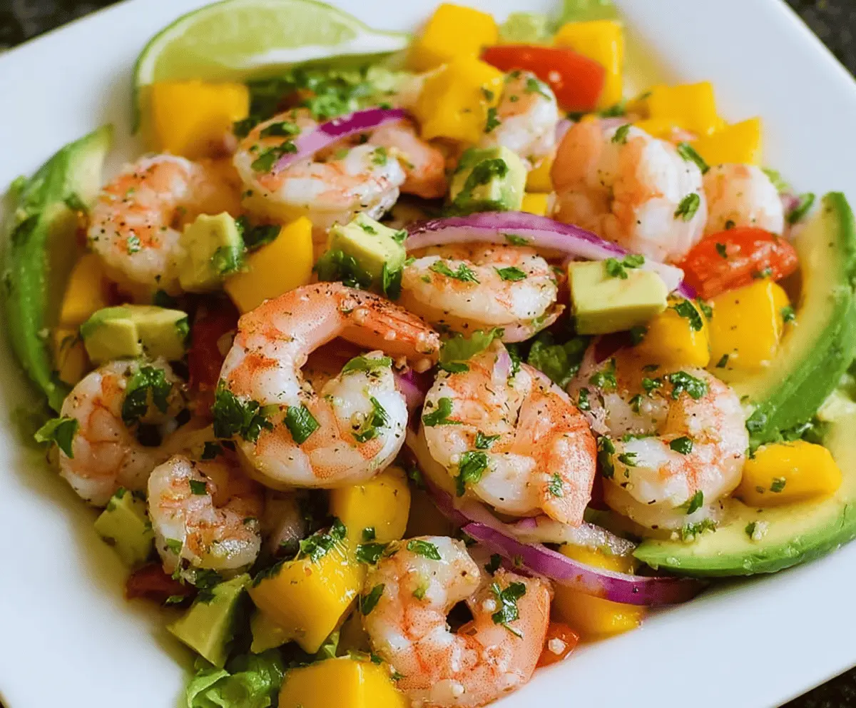 Colorful shrimp and mango salad with fresh greens, topped with herbs and a citrus dressing, perfect for a light and refreshing meal.