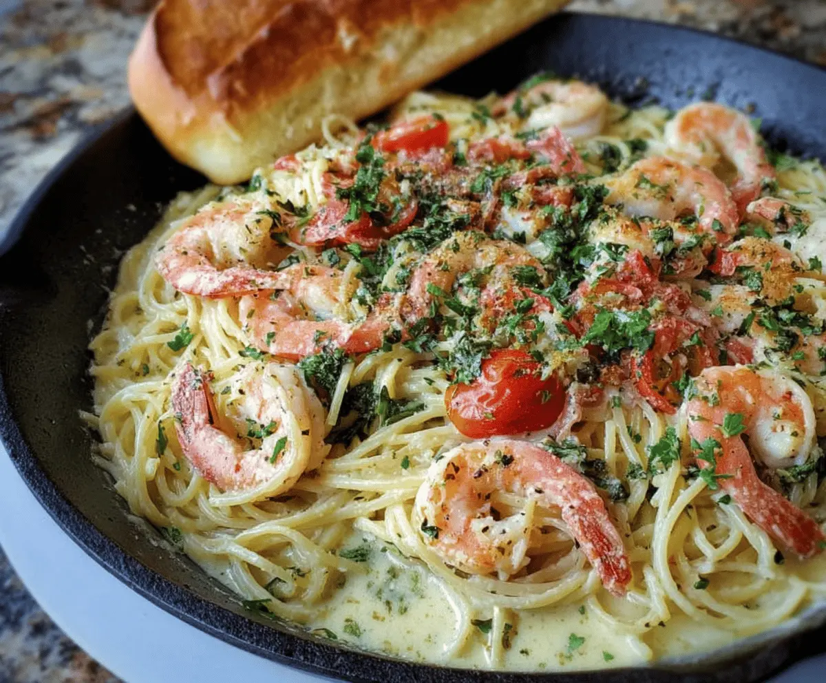 Delicious shrimp scampi served with garlic butter sauce, fresh herbs, and lemon slices on a white plate
