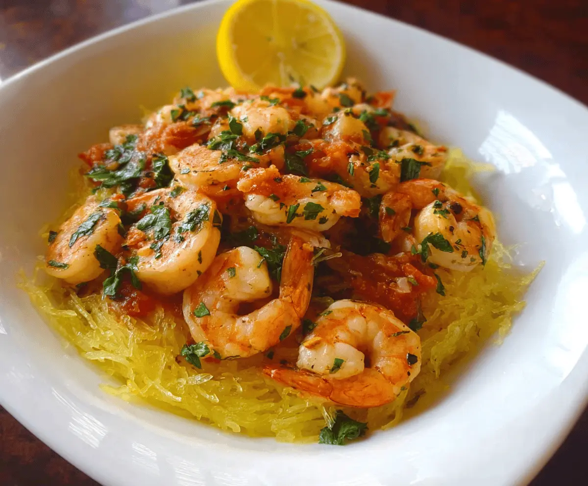 Delicious shrimp spaghetti squash dish with seasoned shrimp, roasted spaghetti squash strands, fresh herbs, and a flavorful sauce on a white plate