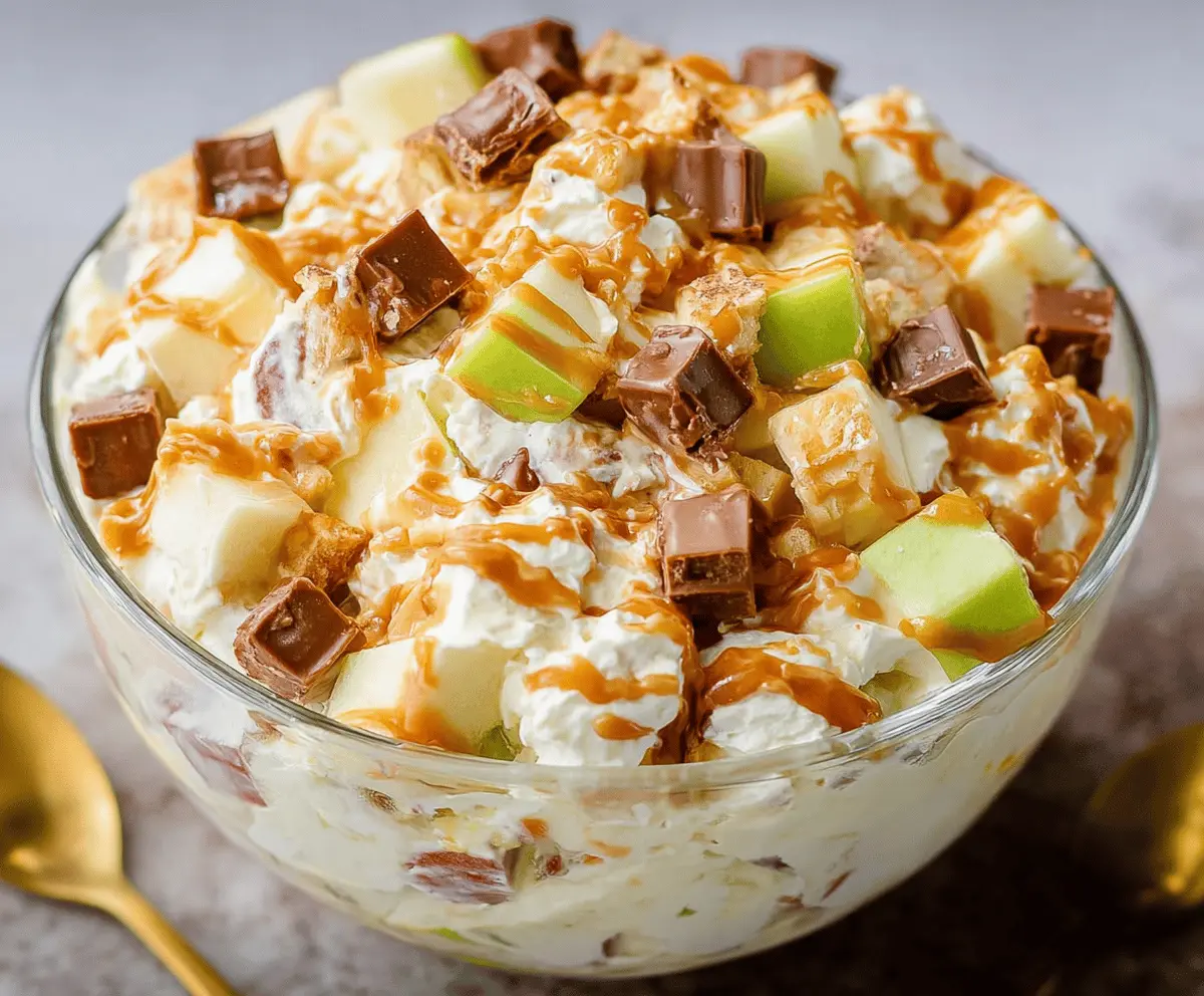 Delicious Snickers Apple Salad with sliced apples, chopped Snickers bars, and creamy dressing in a clear glass bowl