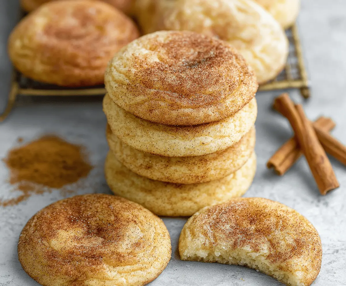 Creamy, golden-brown snickerdoodles with cinnamon sugar coating, showcasing soft, buttery texture and classic cinnamon flavor