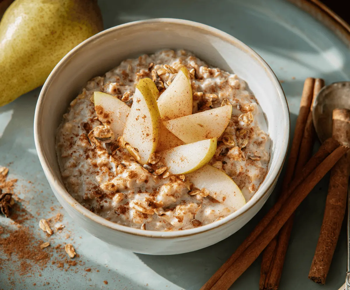 Creamy spiced pear oatmeal topped with cinnamon and chopped pears, perfect for a warm, healthy breakfast.