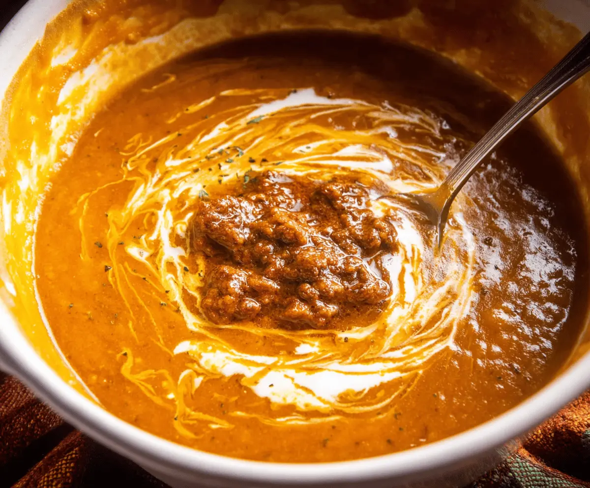 A bowl of spicy chorizo pumpkin soup garnished with fresh herbs and served with crusty bread on the side.