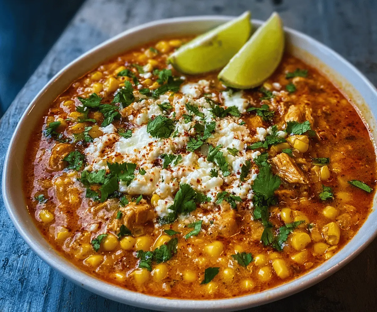 Delicious street corn chicken chili served in a bowl with fresh cilantro and lime wedges, featuring tender chicken, sweet corn, and a spicy, creamy sauce.