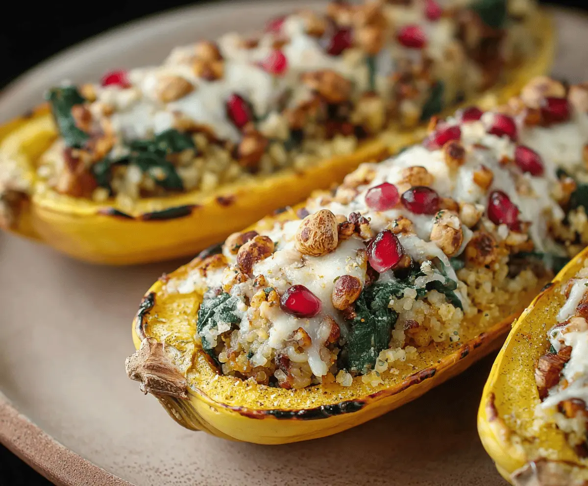 Delicata squash halves stuffed with a savory mixture of vegetables, herbs, and cheese, served as a delicious roasted vegetarian dish.