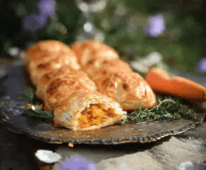 Golden baked sweet potato puff pastry with a flaky crust and vibrant filling, perfect for a savory snack or appetizer.