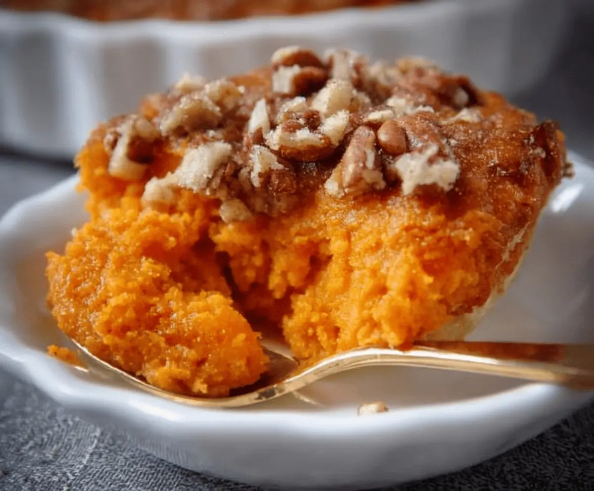 Delicious sweet potato souffle garnished with herbs on a white plate, perfect for holiday dinners.