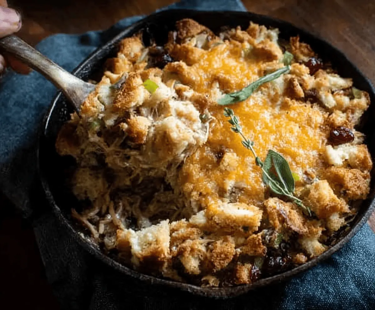 Delicious Thanksgiving leftover skillet with sautéed vegetables and turkey in a cast iron pan.