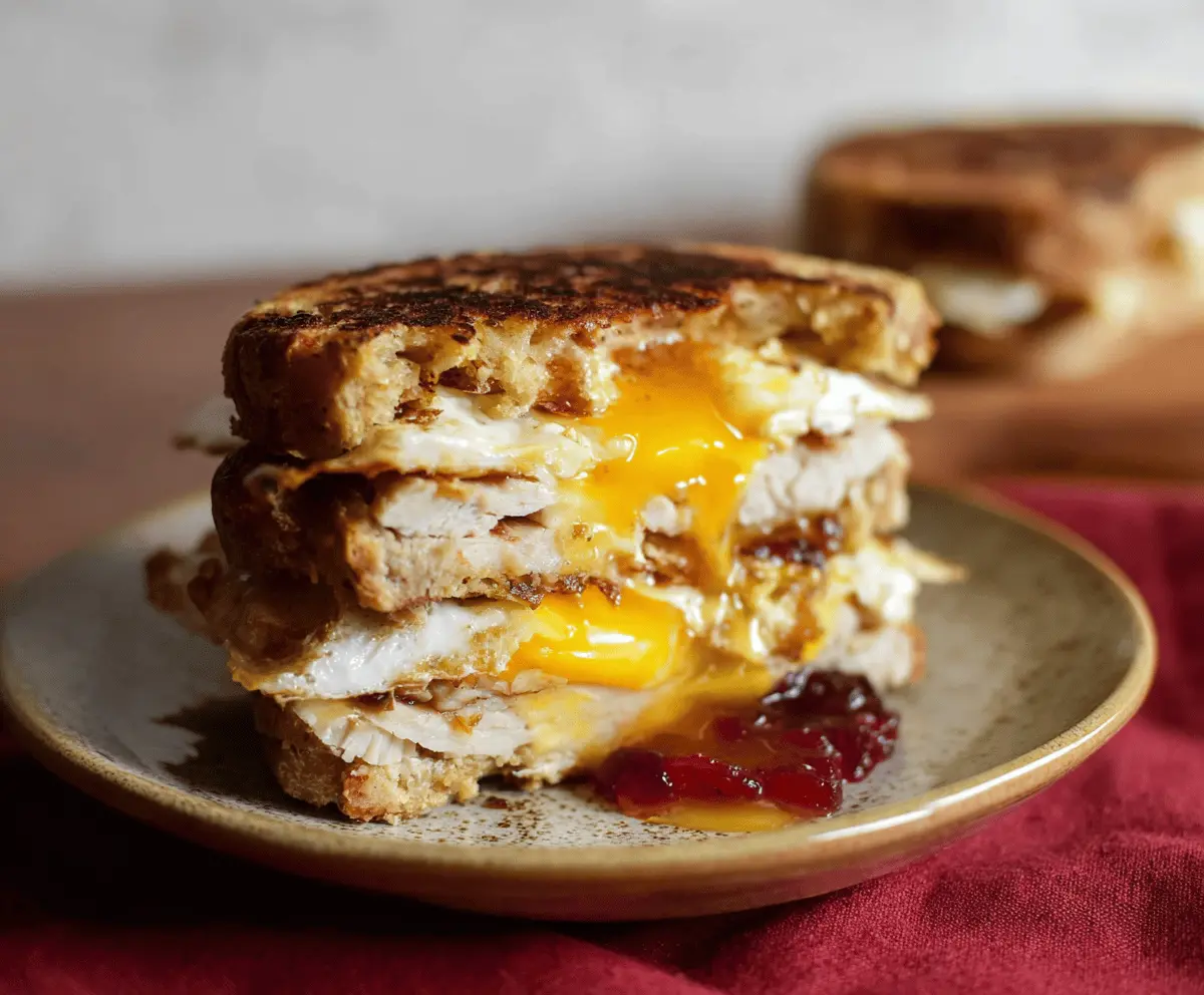 Hearty Thanksgiving leftovers breakfast sandwich with turkey, eggs, and stuffing on a toasted bun