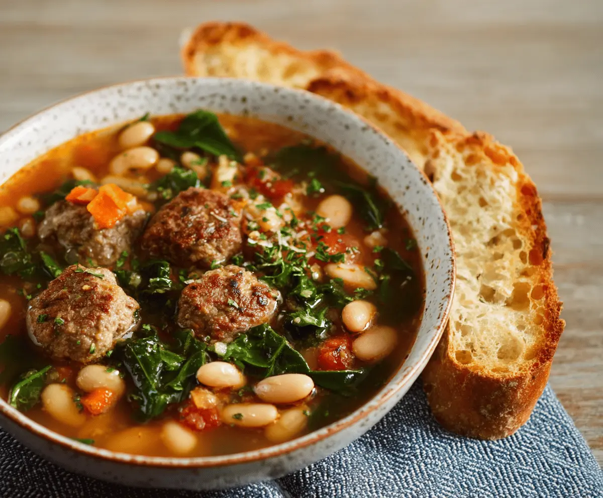 Hearty meatball bean soup with flavorful meatballs, beans, and vegetables in a delicious broth, perfect for comforting meals.