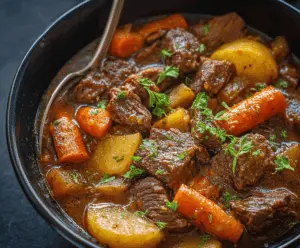 Delicious tender beef stew in a crock pot with vegetables and herbs.