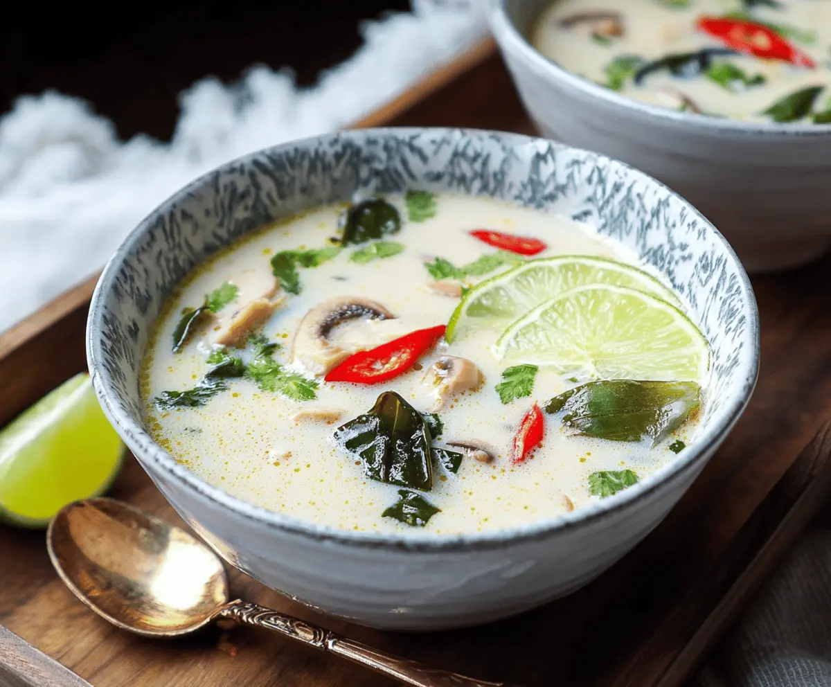 Vegan Thai Coconut Soup with fresh vegetables and herbs in a bowl, featuring creamy coconut milk, colorful peppers, and cilantro garnish.