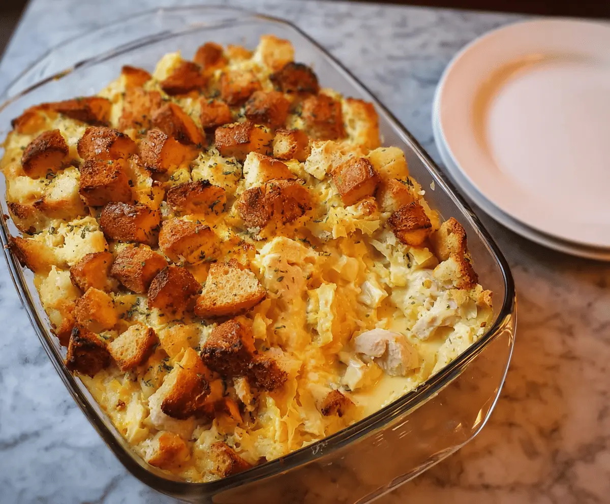 Delicious artichoke chicken casserole with melted cheese and fresh herbs on a white plate.