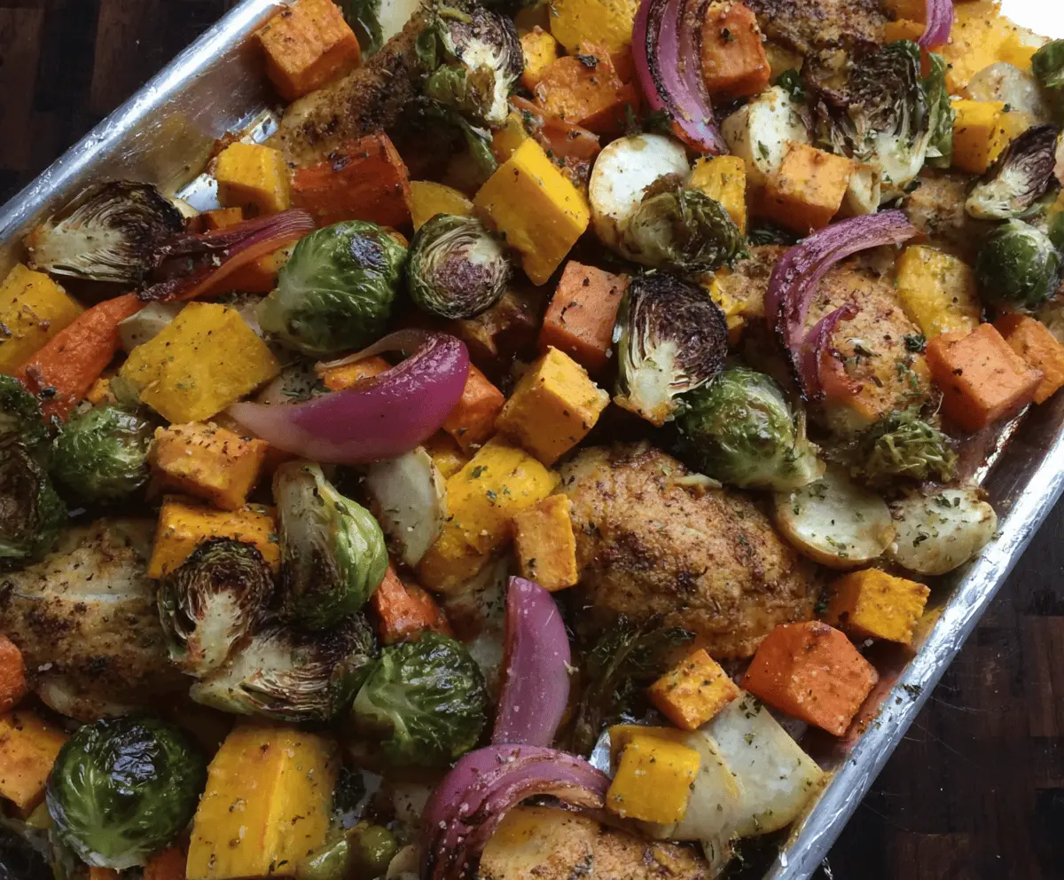 Colorful autumn rainbow sheet pan dinner with seasonal vegetables and herbs