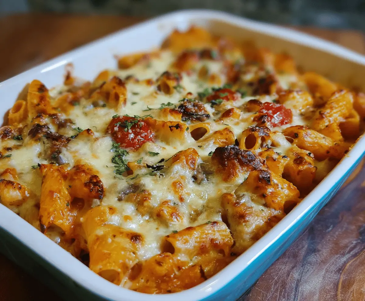 Delicious baked pasta dish topped with melted cheese and fresh herbs
