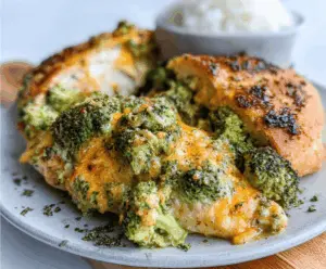 Delicious Broccoli Cheddar Chicken served on a white plate with fresh broccoli and melted cheese.