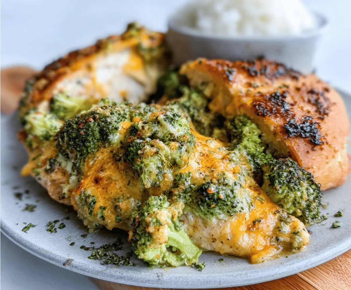 Delicious Broccoli Cheddar Chicken served on a white plate with fresh broccoli and melted cheese.