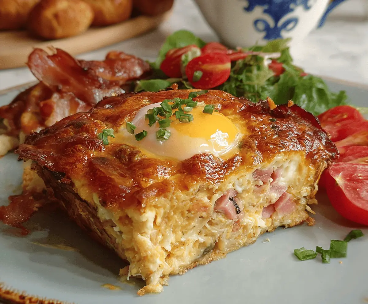 Delicious brunch bake with eggs, cheese, and fresh vegetables served in a rustic dish.