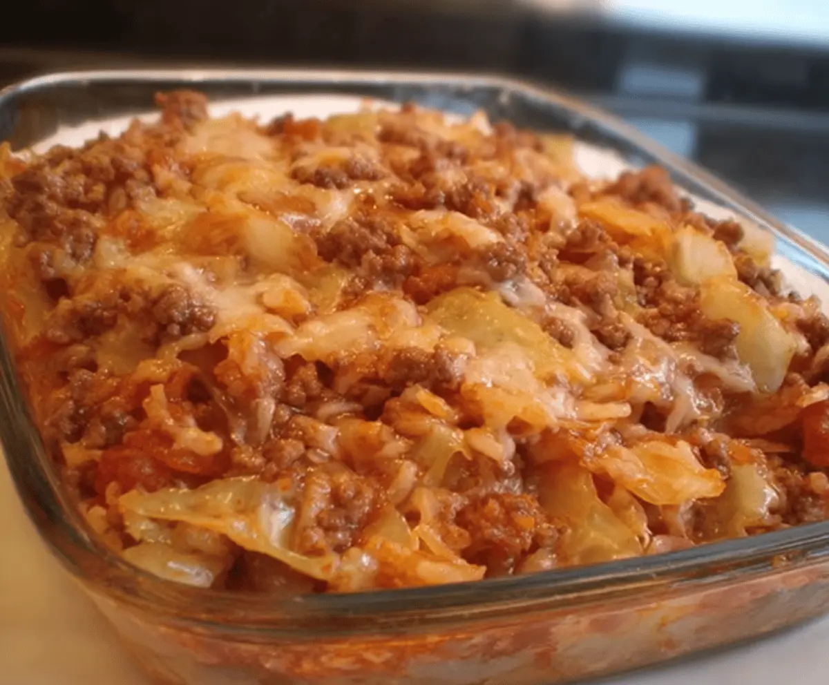 Delicious cabbage roll casserole topped with melted cheese and fresh herbs.