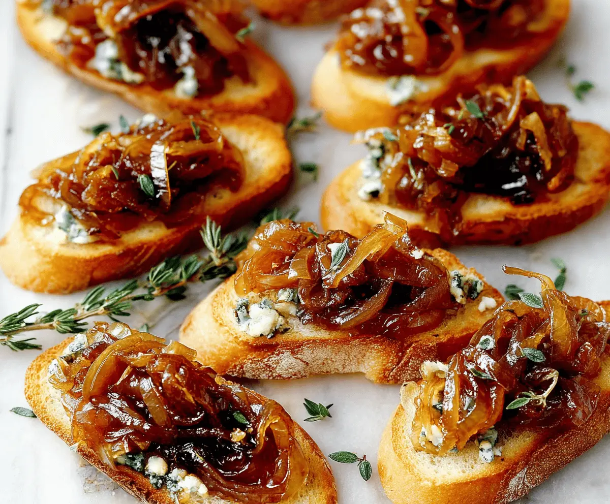 Delicious caramelized onion crostini topped with melted cheese and fresh herbs on a rustic wooden platter.