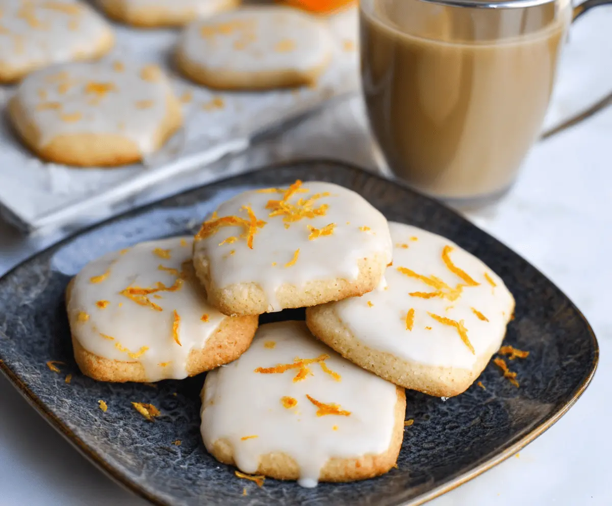 Golden Cardamom Shortbread Cookies glazed with vibrant orange peel glaze on a rustic baking tray.
