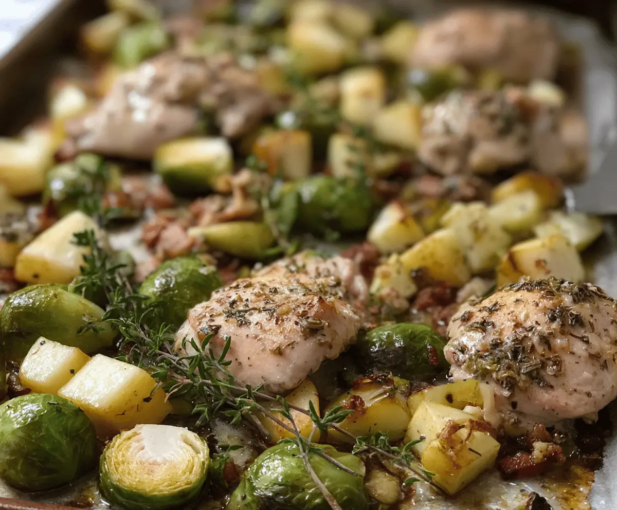 Hearty chicken, apple, and Brussels sprouts sheet pan dinner ready to serve