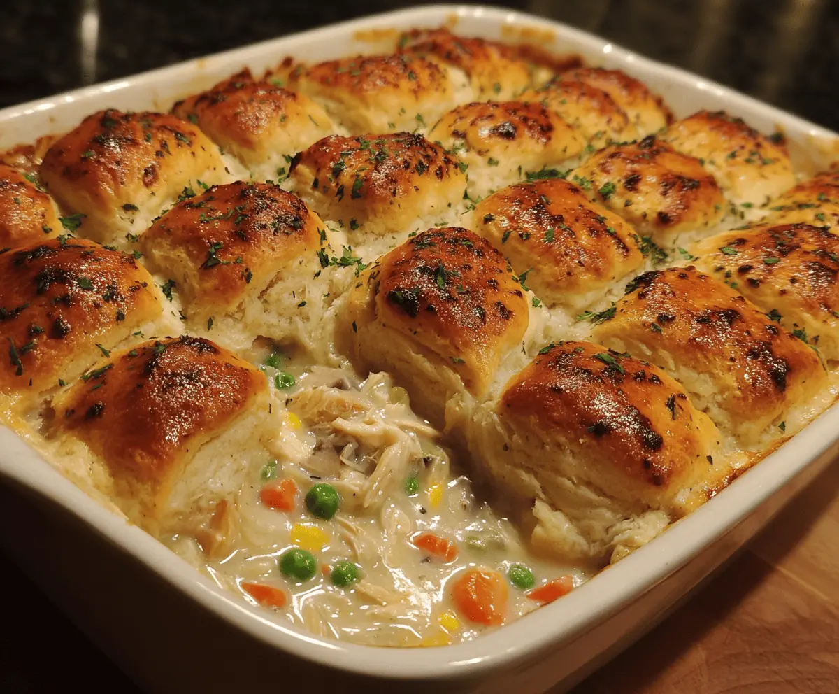 Delicious homemade chicken pot pie casserole with golden crust and hearty filling ready to serve.