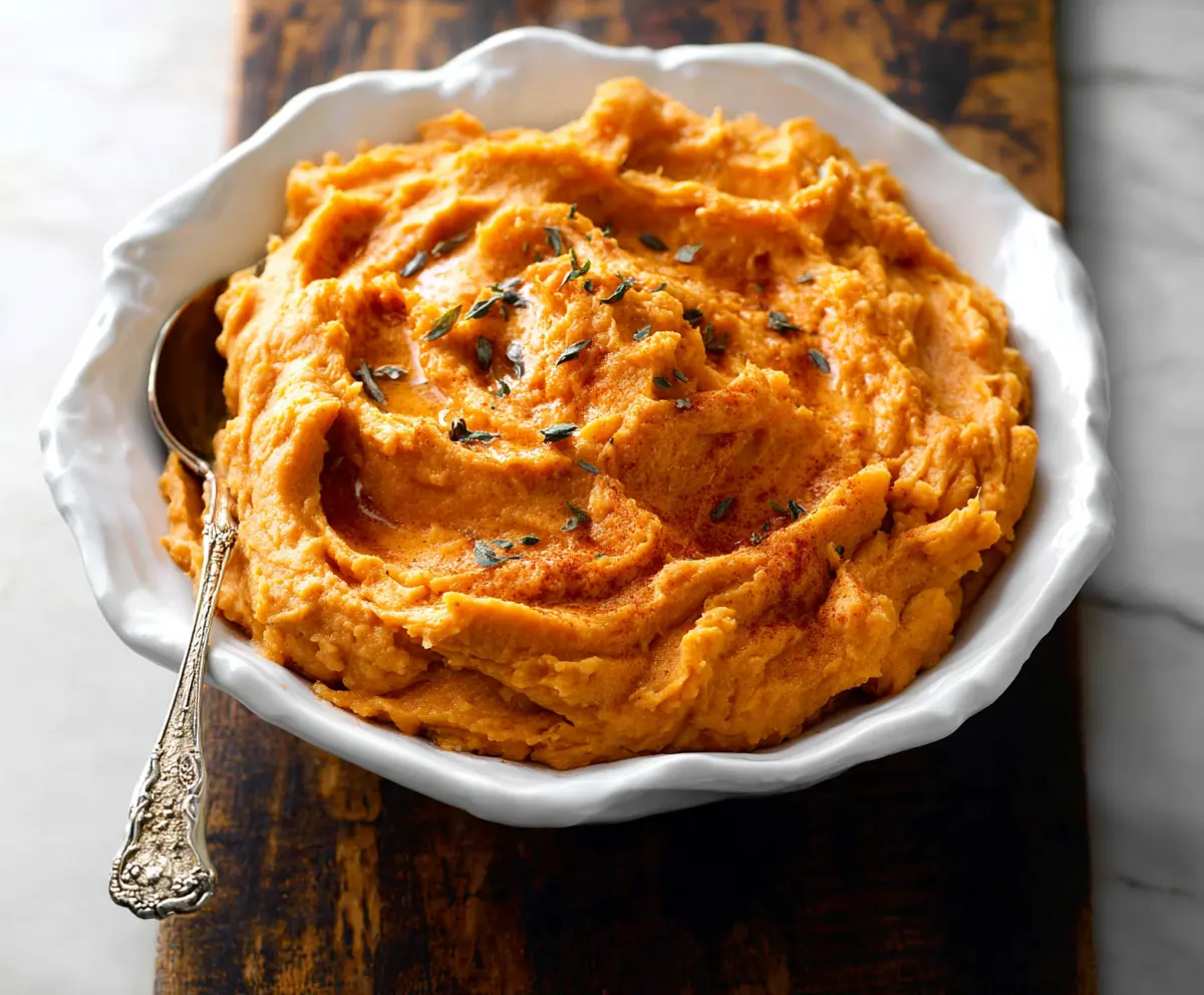 Delicious chipotle mashed sweet potatoes garnished with cilantro and served as a flavorful side dish.
