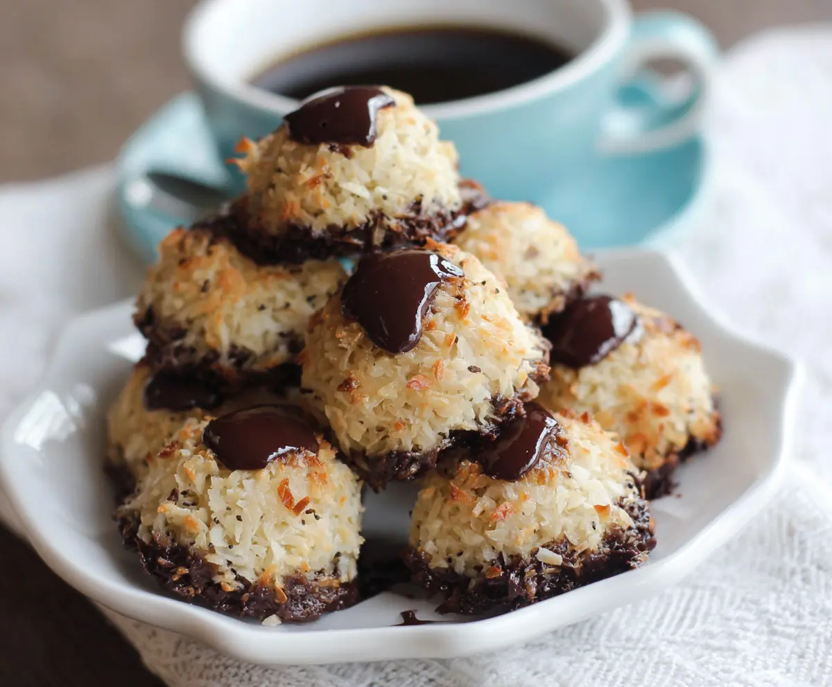 Delicious chocolate chip coconut macaroons on a plate, perfect for a sweet treat.