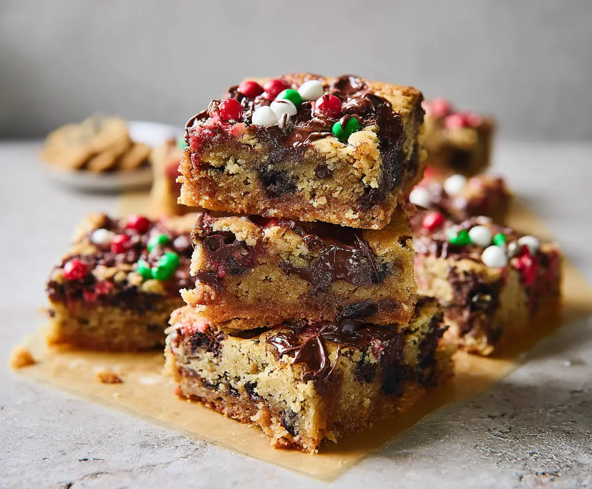 Delicious Christmas Blondies topped with festive sprinkles and white chocolate chips.