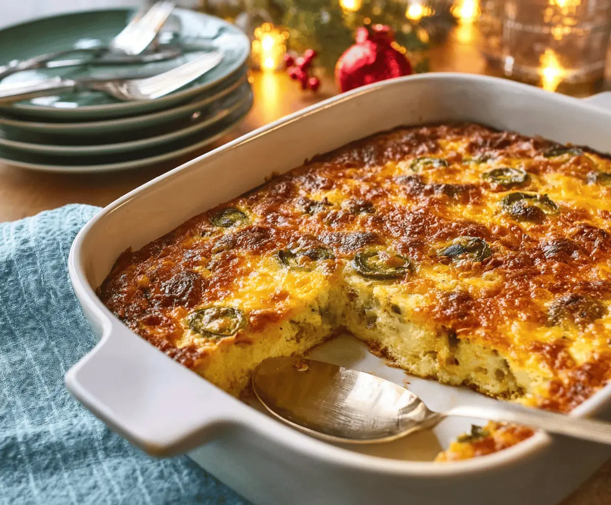 Festive Christmas Green Chile Egg Casserole with melted cheese and fresh herbs ready for holiday breakfast